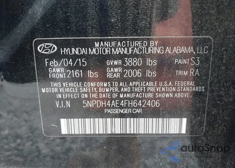 2015 Hyundai Elantra Se z USA, uszkodzony, nr VIN 5NPDH4AE4FH642406